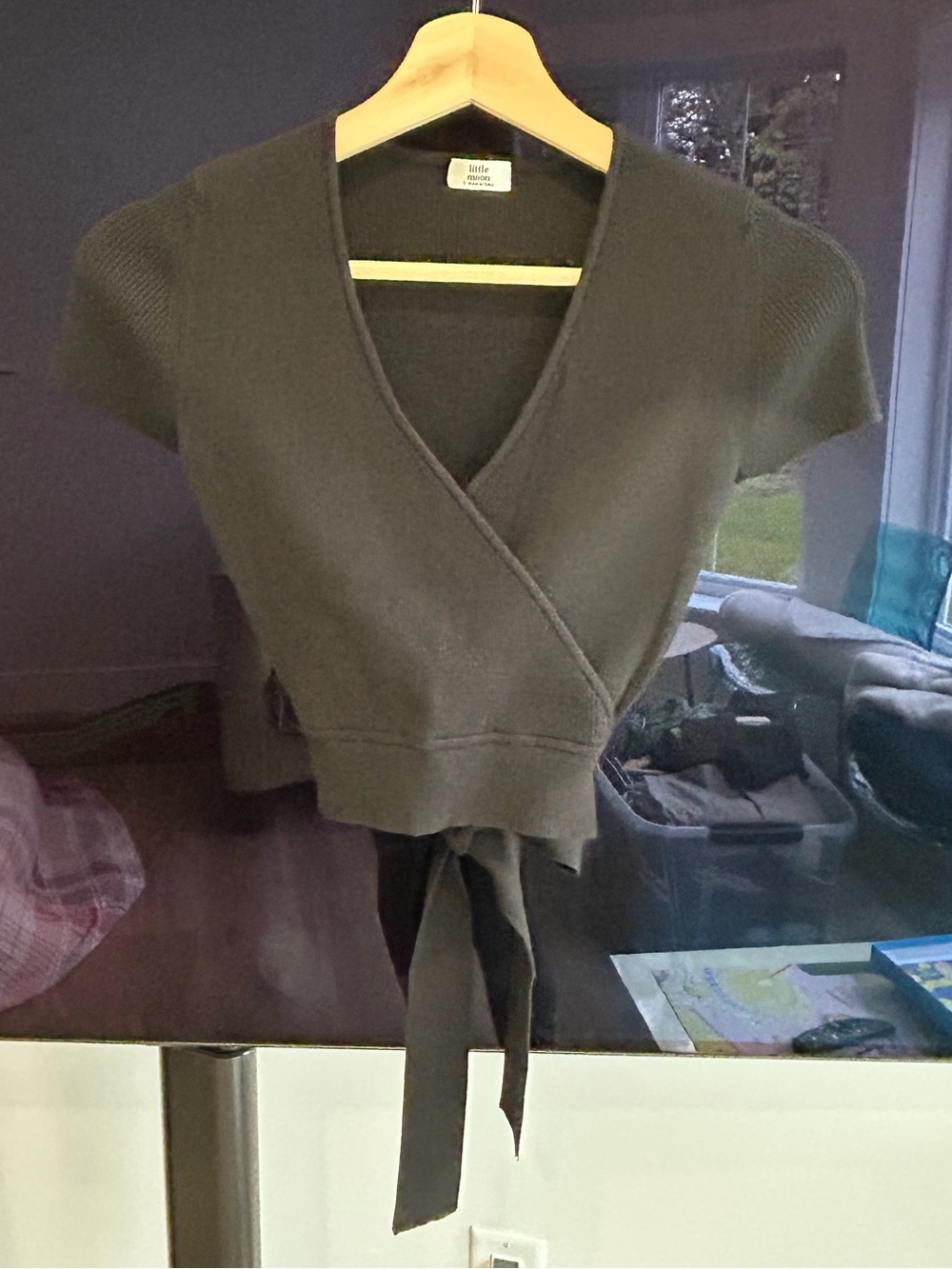 Aritzia Black Wrap Crop Sweater Top with Long Ties